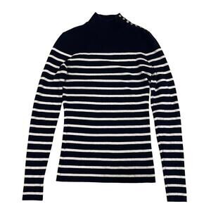 J.McLaughlin XS Breton Stripe Ribbed Knit Sweater | Gold Button Mock Neck